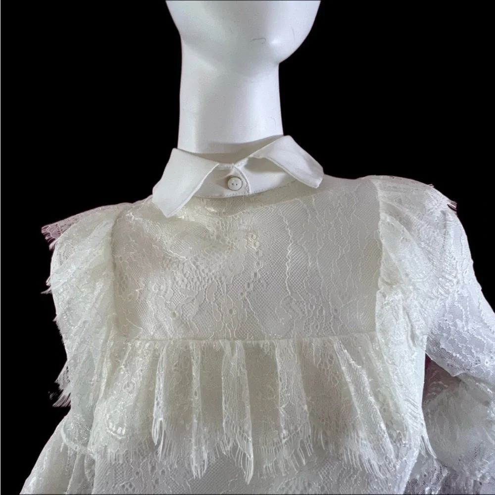 White Lace Blouse Button Collar Long Bell Sleeves